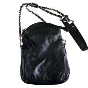 Black Leather Crossbody Tassel Bag W/ Woven Chain Strap